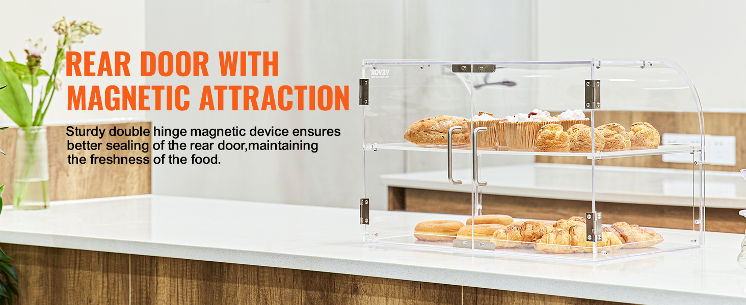 VEVOR pastry display case with magnetic rear door on a kitchen countertop holding pastries.