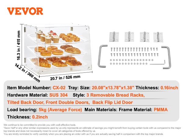 VEVOR pastry display case cx-02 with 3 racks, dimensions and installation hardware shown.