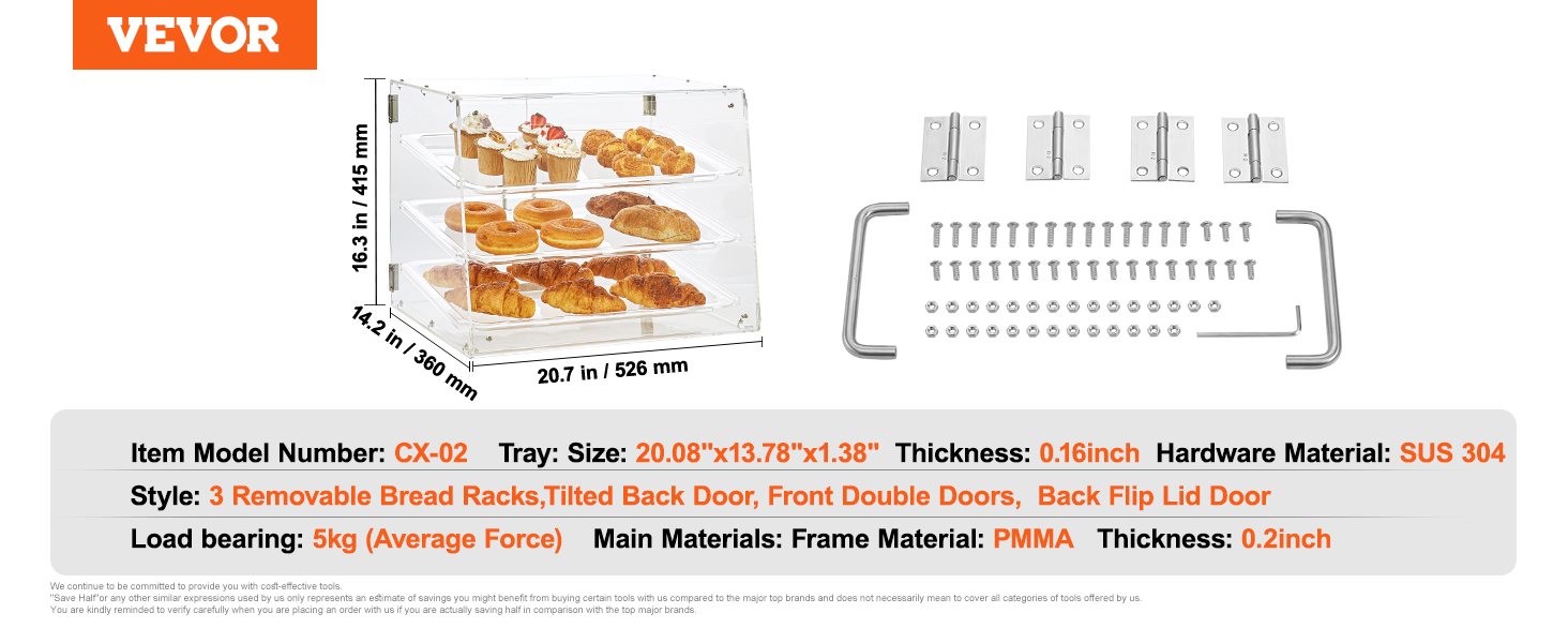 VEVOR pastry display case cx-02 with 3 racks, dimensions and installation hardware shown.