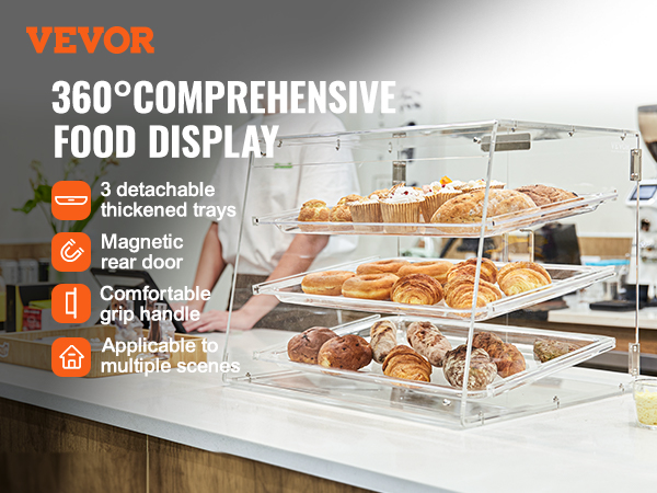 VEVOR pastry display case with 3 detachable trays showcasing pastries on a countertop in a cafe.