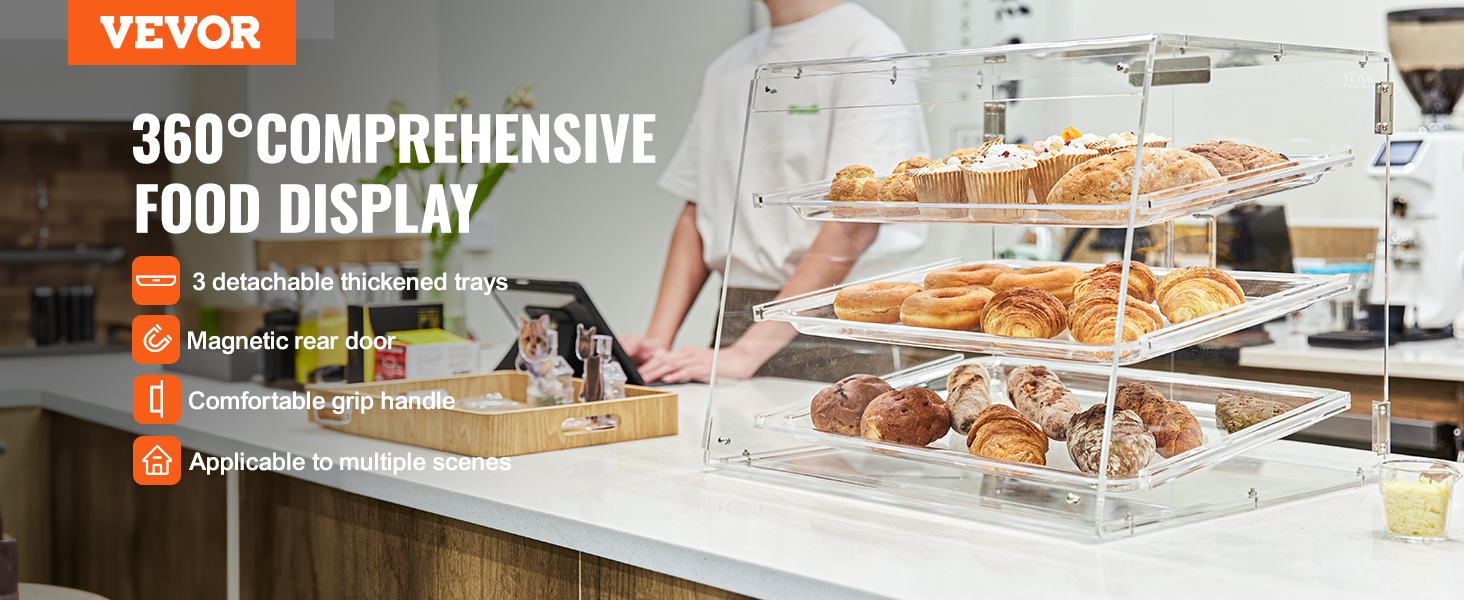VEVOR pastry display case with 3 detachable trays showcasing pastries on a countertop in a cafe.