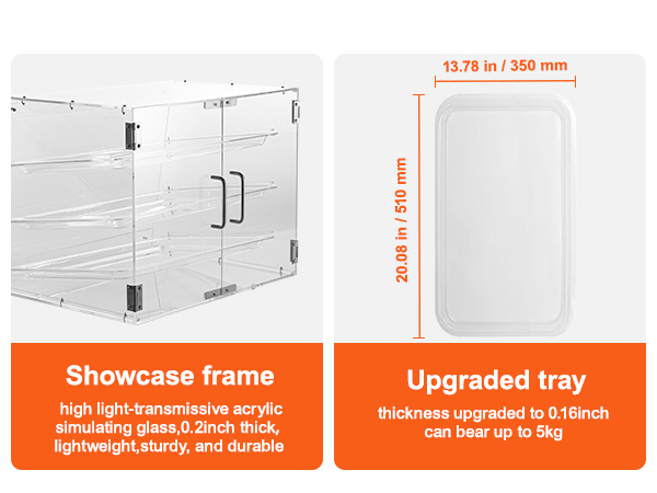 VEVOR pastry display case with acrylic frame, upgraded trays, dimensions detailed for showcase and tray.