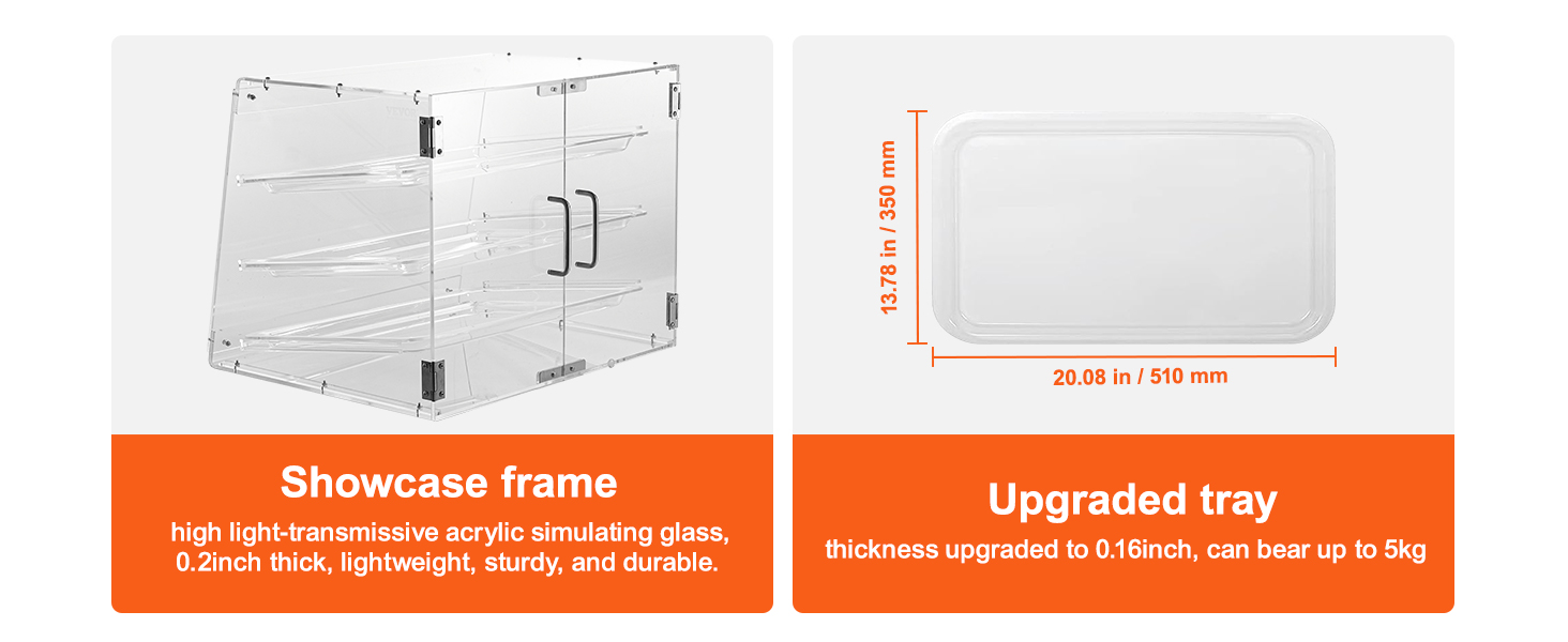 VEVOR pastry display case with acrylic frame, upgraded trays, dimensions detailed for showcase and tray.