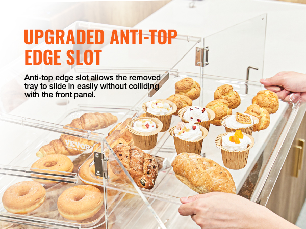 pastry tray insertion in a VEVOR pastry display case with anti-top edge slot, showcasing donuts and cupcakes.