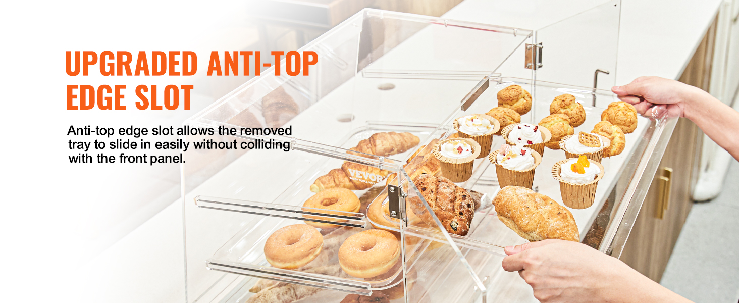 pastry tray insertion in a VEVOR pastry display case with anti-top edge slot, showcasing donuts and cupcakes.