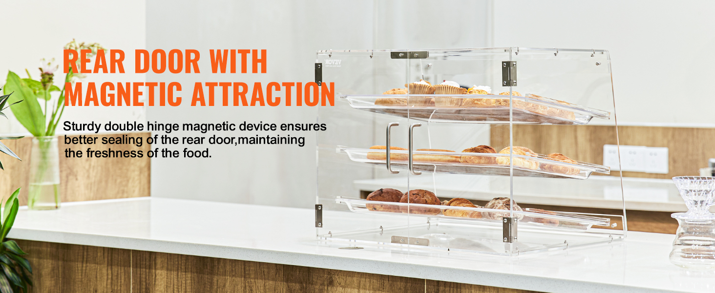 VEVOR pastry display case with magnetic rear door on a countertop showcasing pastries.