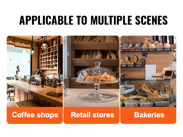 VEVOR pastry display case in coffee shops, retail stores, and bakeries, showcasing versatile usage.