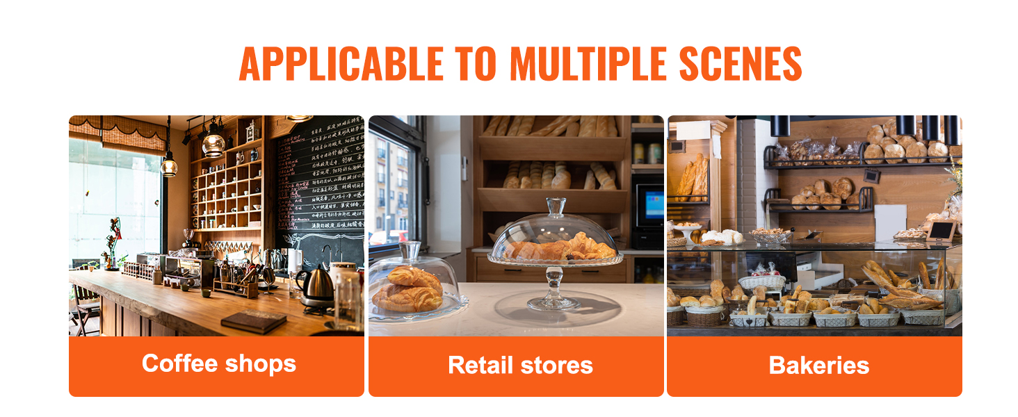 VEVOR pastry display case in coffee shops, retail stores, and bakeries, showcasing versatile usage.