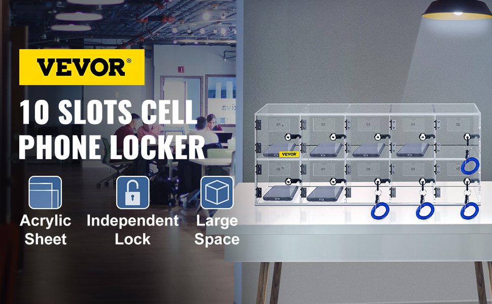 VEVOR cell phone storage locker with 10 slots, acrylic sheet, independent lock, and large space.