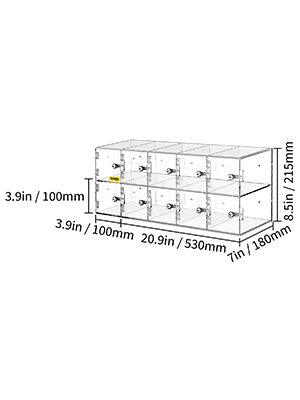VEVOR cell phone storage locker with 12 compartments and labeled dimensions in mm and inches.