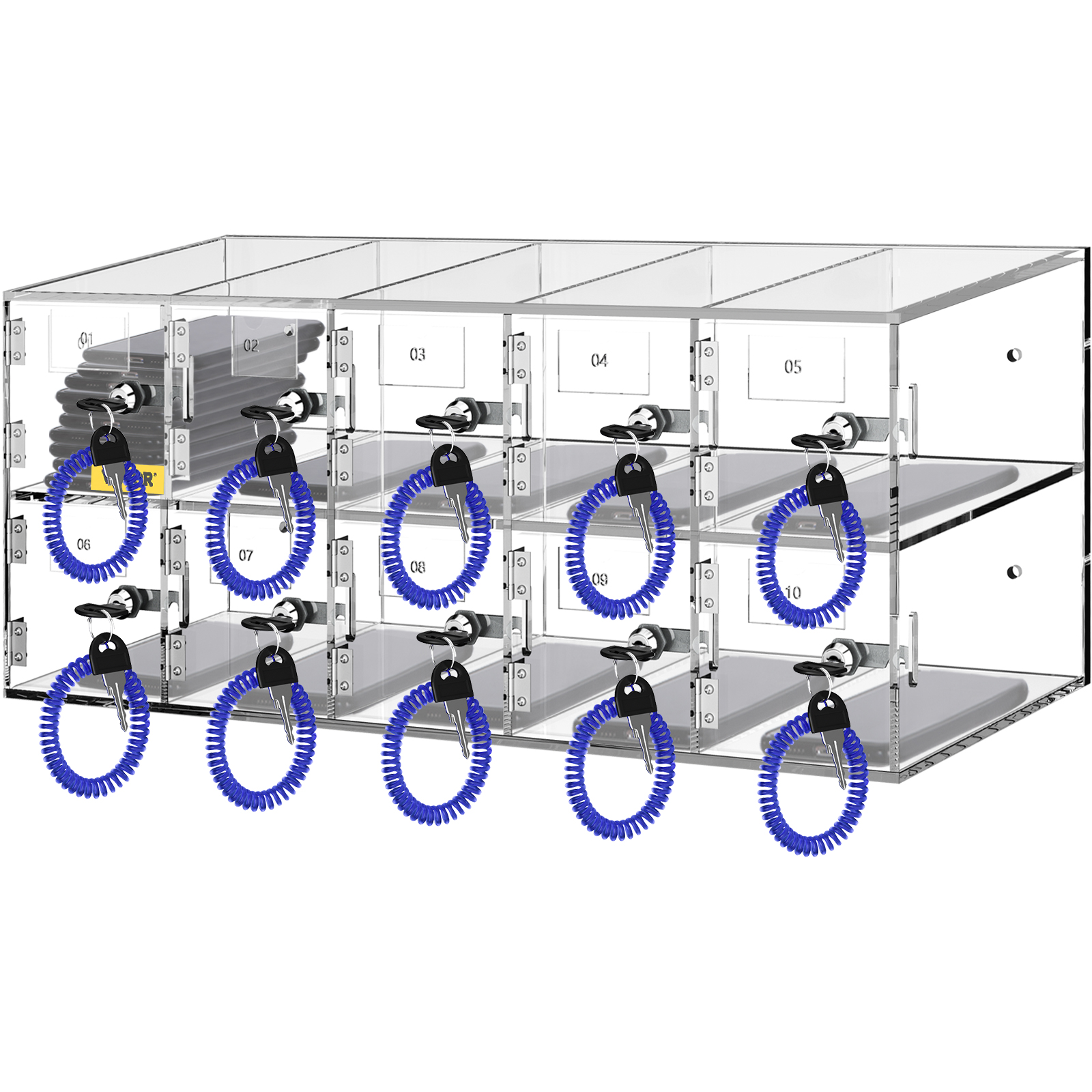 VEVOR cell phone storage locker with clear compartments and blue coil keychains.