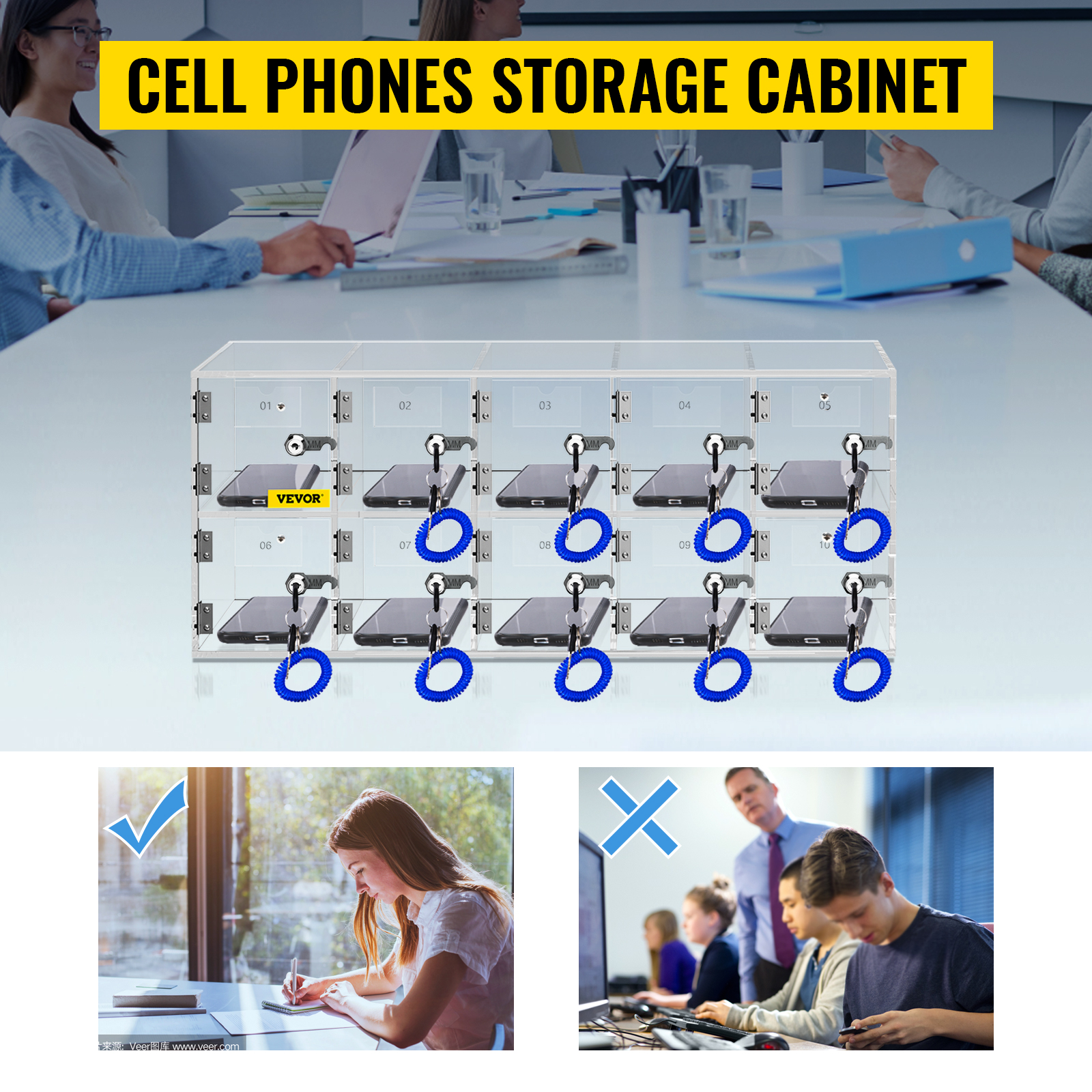 VEVOR cell phone storage locker in use in an office setting; secure, organized phone storage solution.