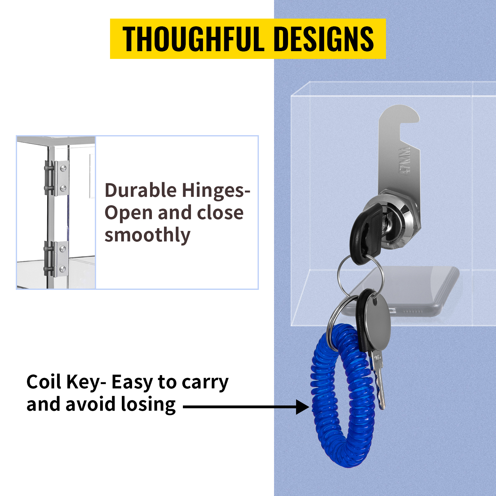 VEVOR cell phone storage locker with durable hinges and coil key for easy carrying and secure storage.
