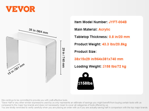 VEVOR acrylic console table dimensions, weight, and material details with an orange VEVOR logo.