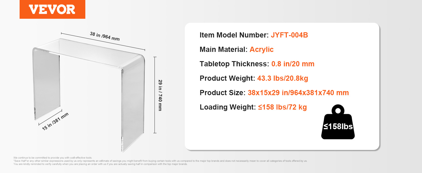 VEVOR acrylic console table dimensions, weight, and material details with an orange VEVOR logo.