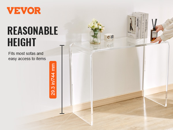 VEVOR acrylic console table, u-shaped, 29.3 in/744 mm height, holding decor items against wall.