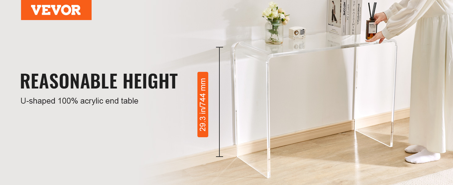 VEVOR acrylic console table, u-shaped, 29.3 in/744 mm height, holding decor items against wall.