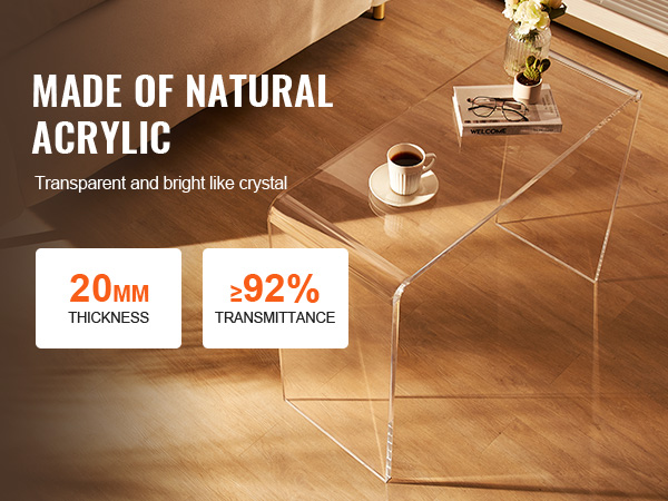 VEVOR acrylic console table with 20mm thickness and 92% transmittance, transparent and bright.