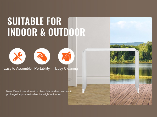 VEVOR acrylic console table, suitable for indoor and outdoor, easy to assemble, portable, easy to clean.