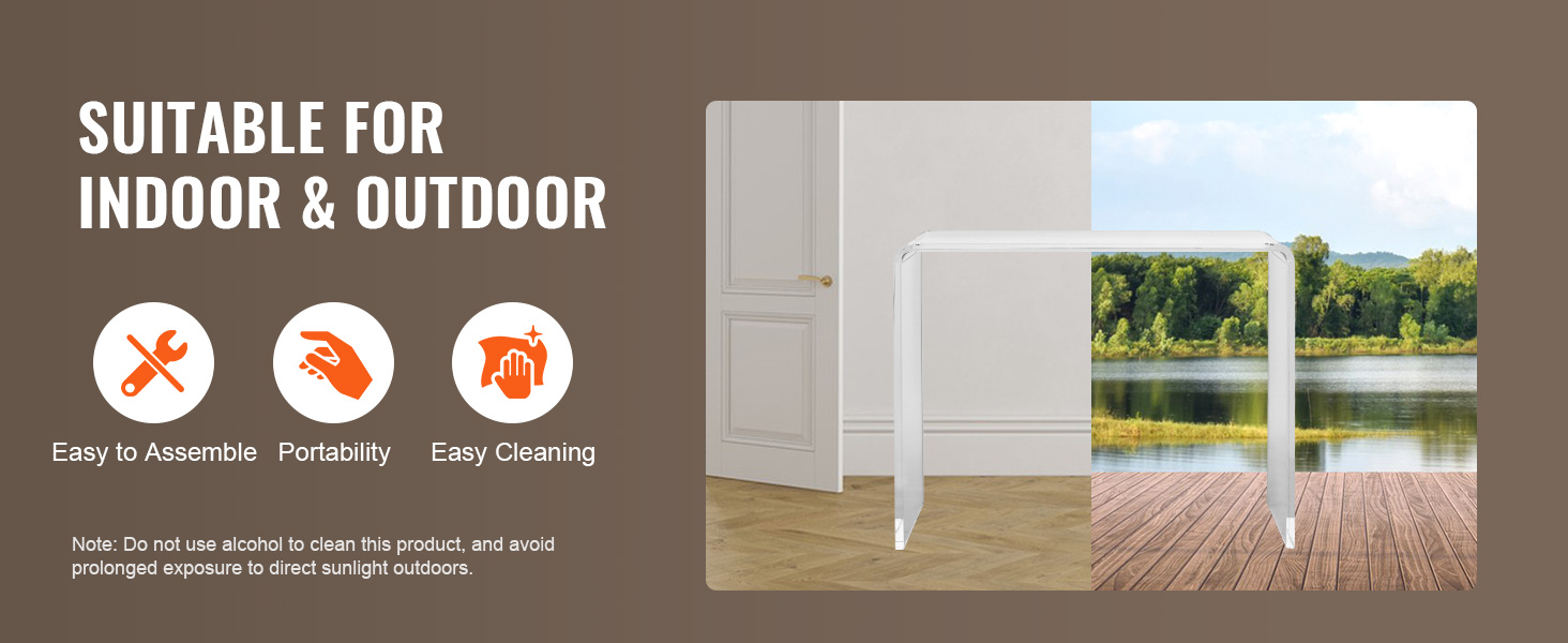 VEVOR acrylic console table, suitable for indoor and outdoor, easy to assemble, portable, easy to clean.