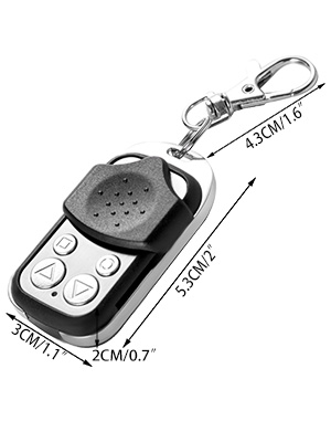 VEVOR gate remote control with keychain and labeled dimensions.