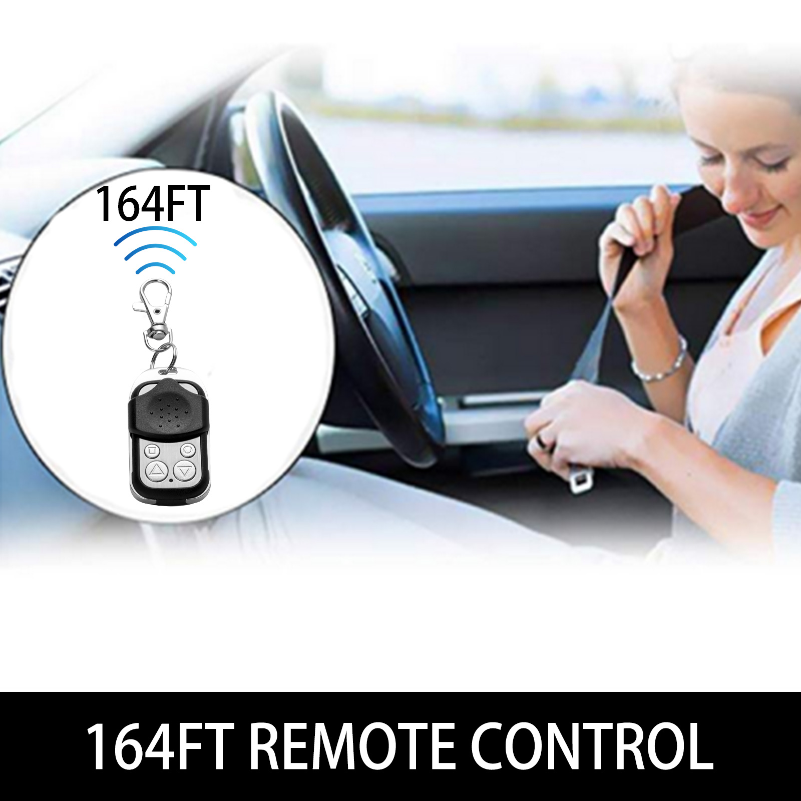 VEVOR gate remote control showcased in vehicle, labeled with 164ft range capability.