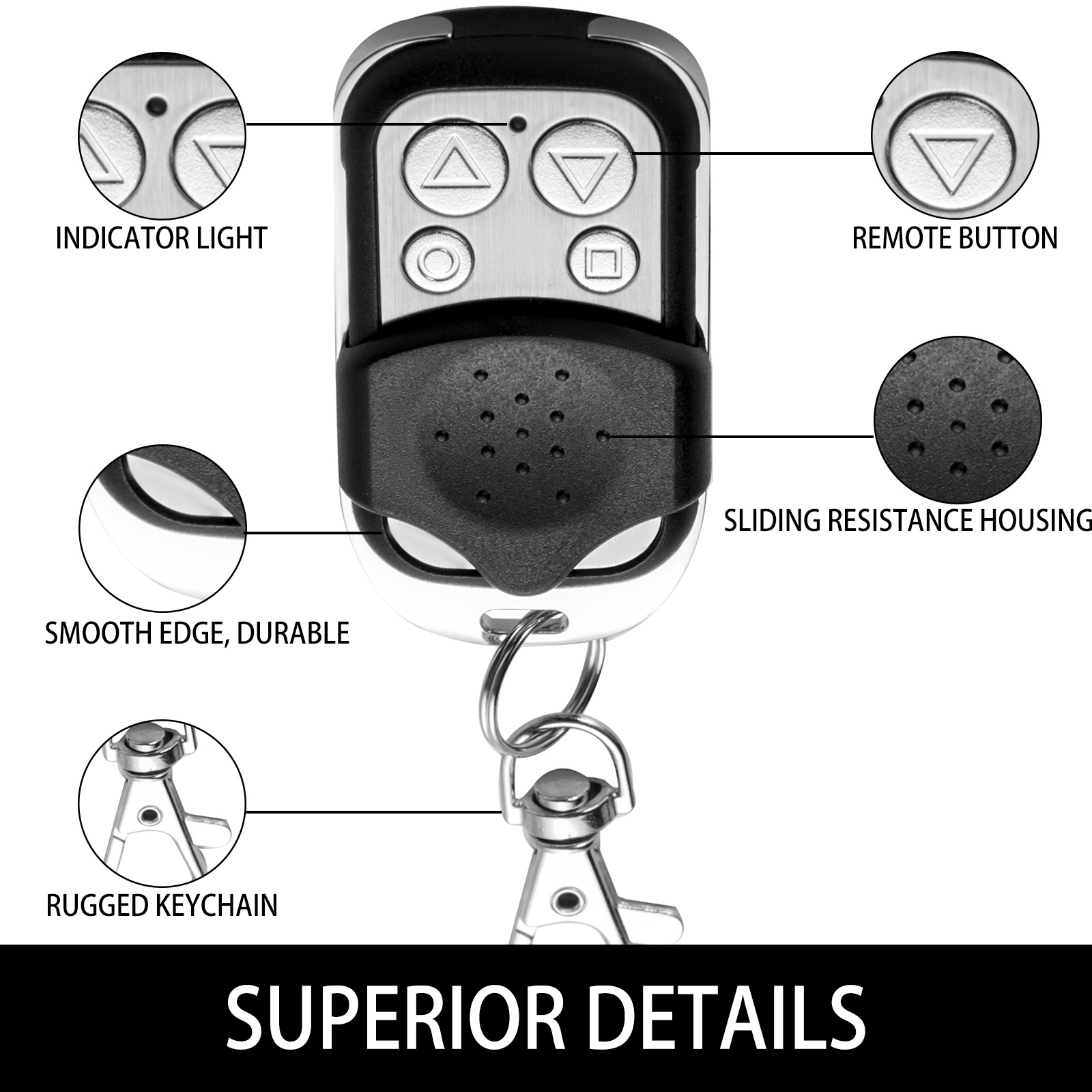 VEVOR gate remote control with indicator light, durable housing, and rugged keychain.
