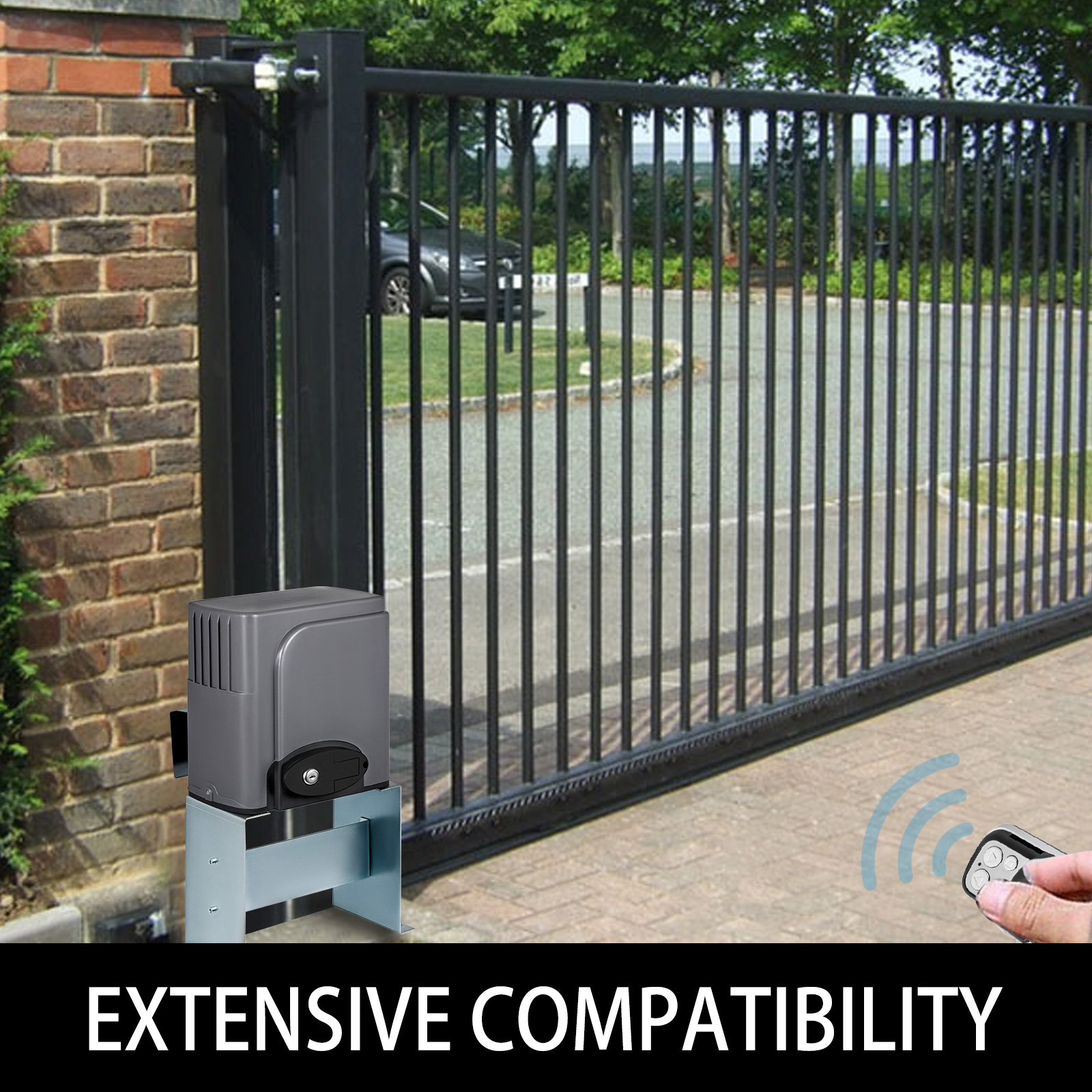 VEVOR gate remote control for black sliding gate attached to brick wall.