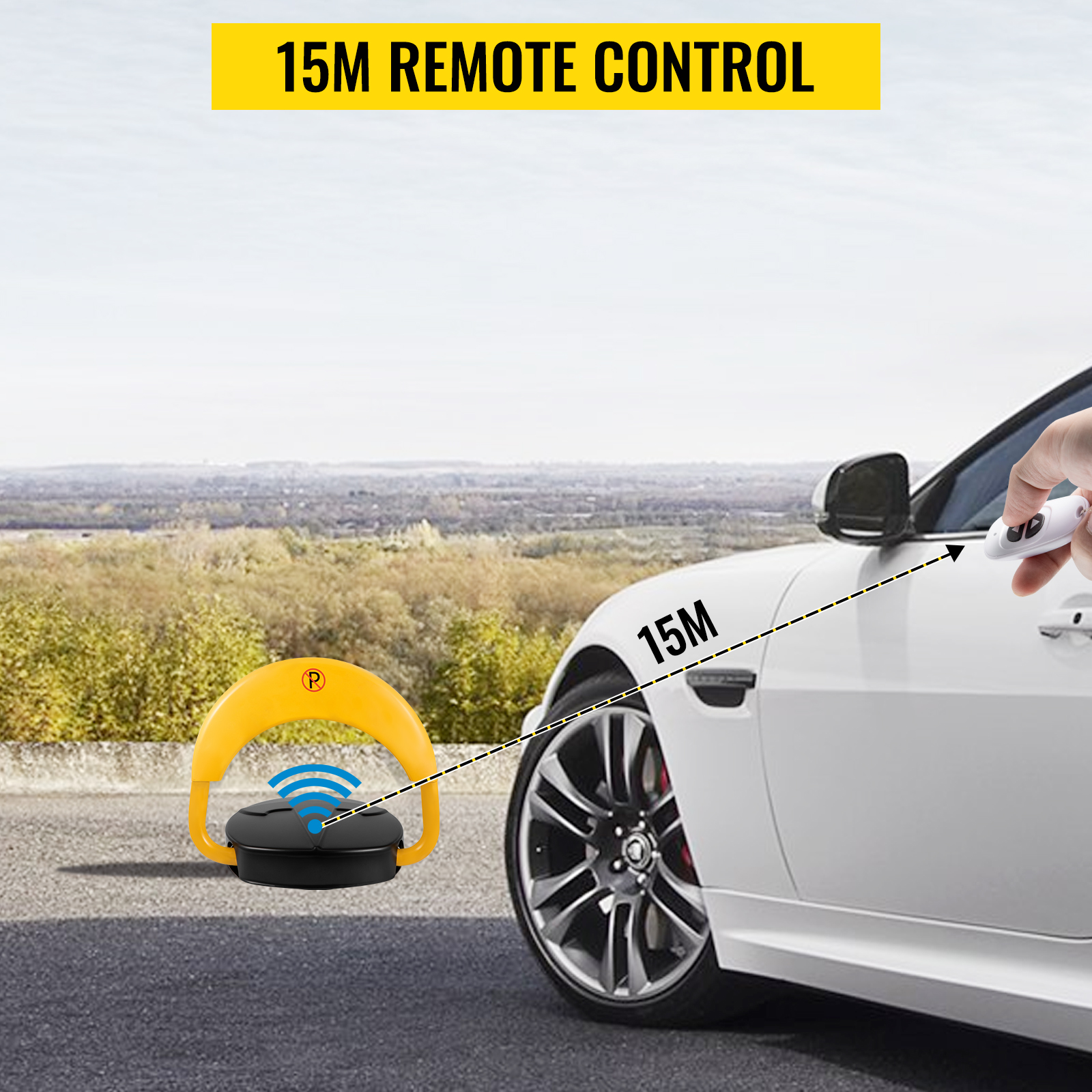 VEVOR automatic parking lock with remote control, demonstrated beside a white car at 15m.
