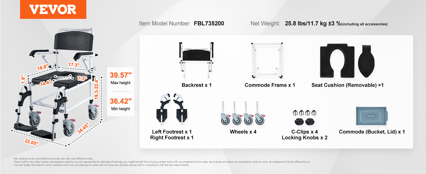VEVOR shower commode wheelchair with adjustable height, footrests, wheels, and removable seat cushion.