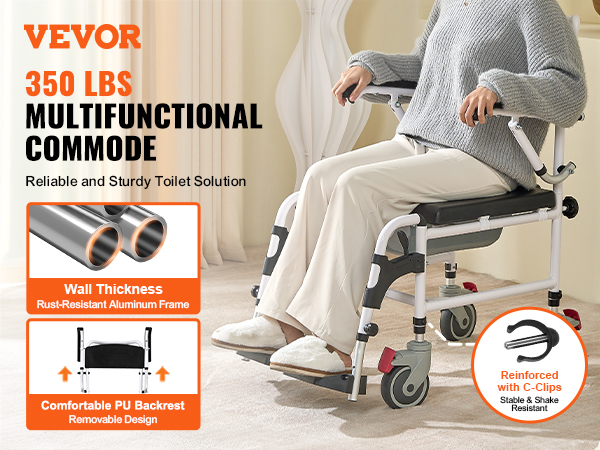 VEVOR shower commode wheelchair with pu backrest, rust-resistant aluminum frame, reinforced with c-clips.