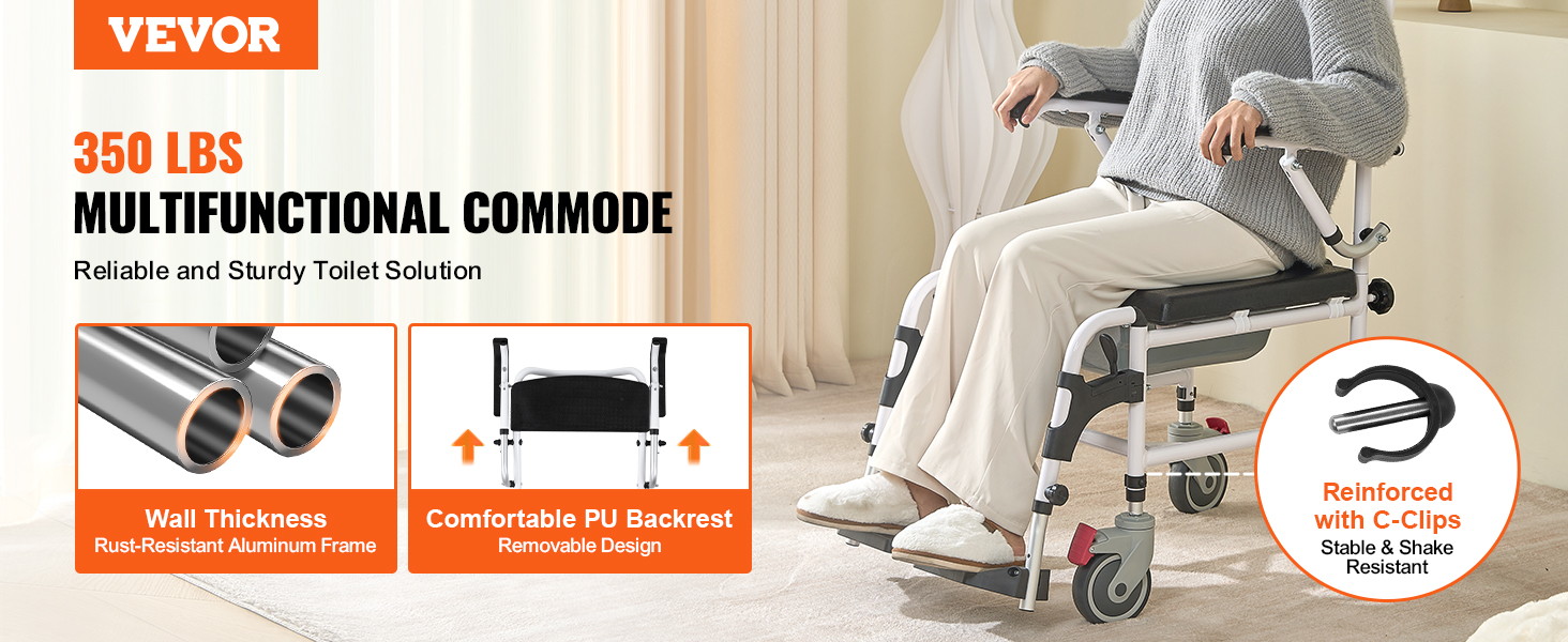 VEVOR shower commode wheelchair with pu backrest, rust-resistant aluminum frame, reinforced with c-clips.