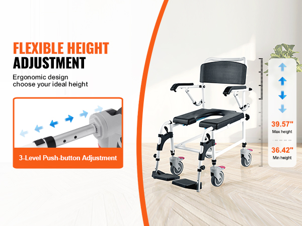 flexible height adjustment for VEVOR shower commode wheelchair with 3-level push-button mechanism.