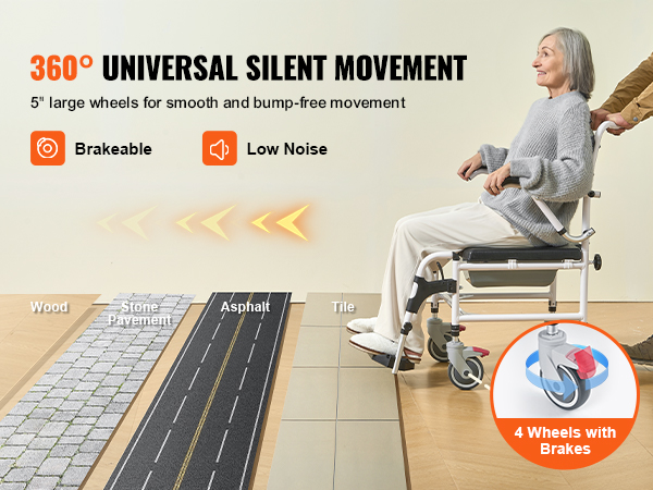 VEVOR shower commode wheelchair with 360° universal silent movement and 5" large wheels for smooth mobility.