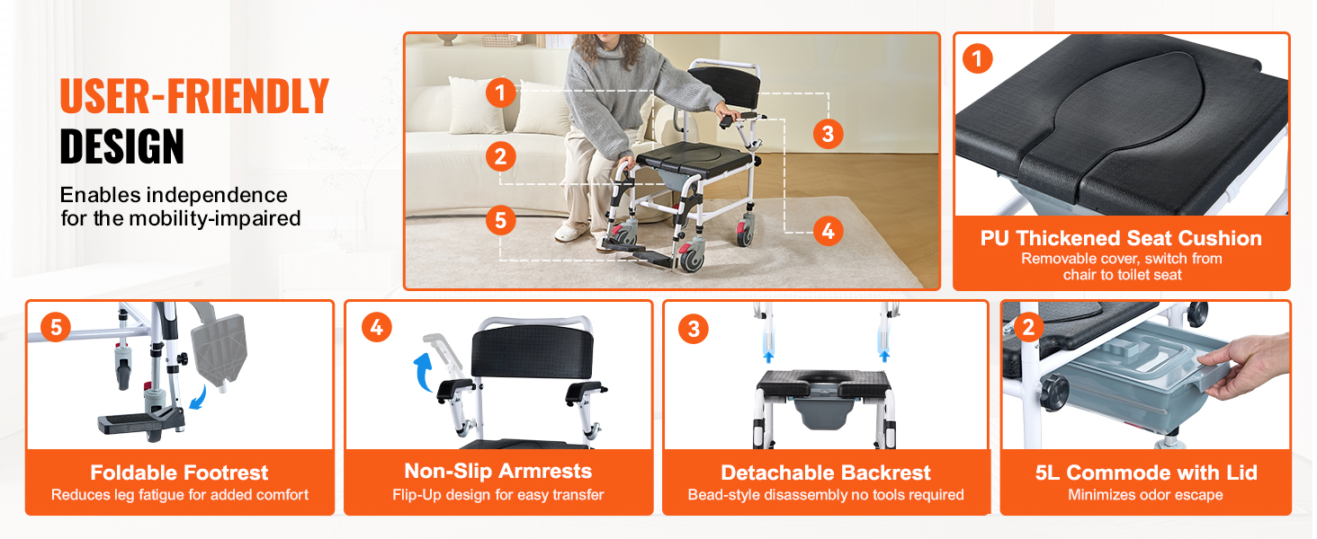 VEVOR shower commode wheelchair with pu seat cushion, foldable footrest, detachable backrest, and 5l commode.