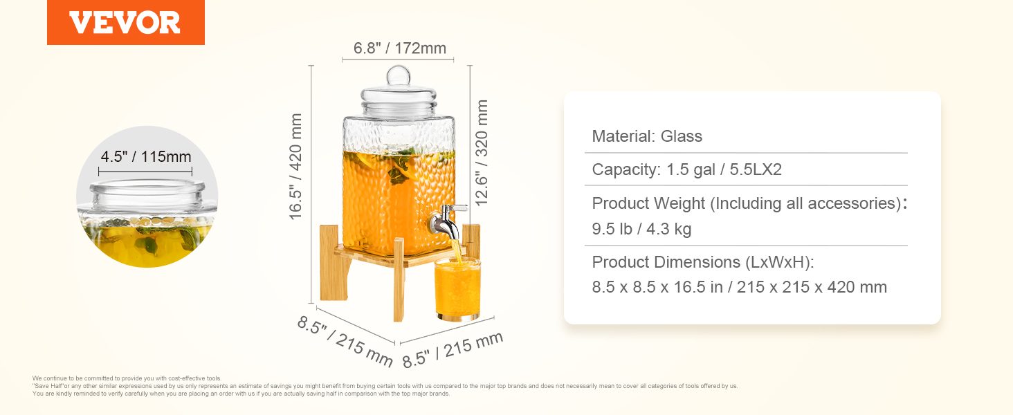 VEVOR beverage dispenser with stand, 1.5 gal capacity, material: glass, dimensions: 8.5x8.5x16.5 in.