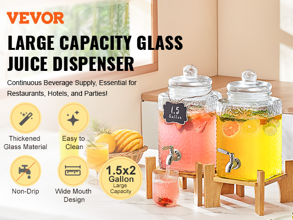 VEVOR beverage dispenser: large capacity glass containers, ideal for continuous juice supply in restaurants, hotels, and parties.