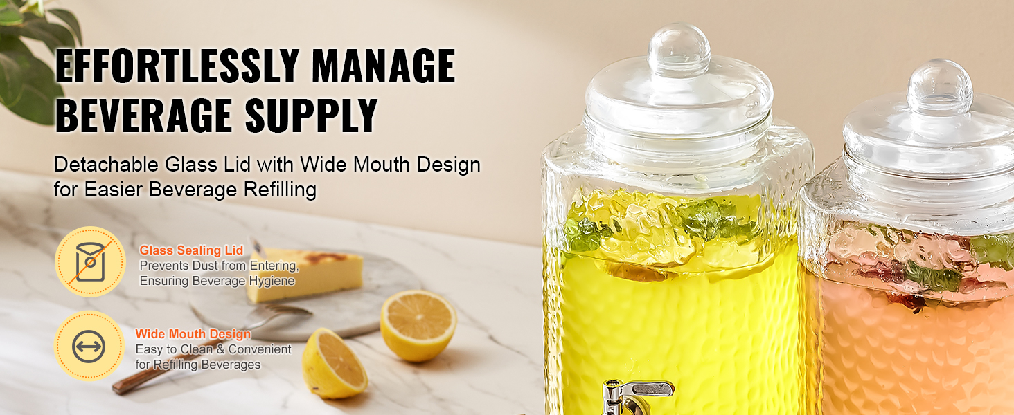 VEVOR beverage dispenser with detachable glass lids and wide mouth design on a marble countertop.
