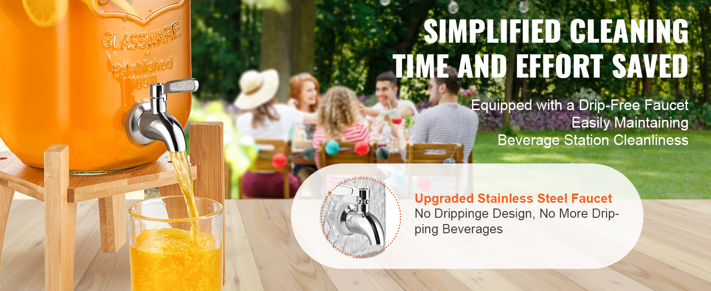 VEVOR beverage dispenser with drip-free faucet, pouring orange drink, outdoors at a garden party.