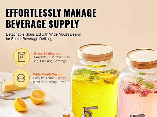 VEVOR beverage dispenser with detachable glass lids and wide mouth design for easy beverage refilling.