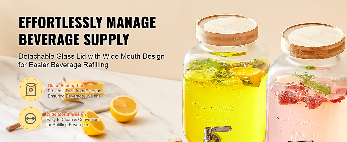 VEVOR beverage dispenser with detachable glass lids and wide mouth design for easy beverage refilling.
