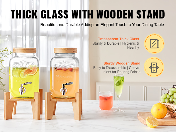VEVOR beverage dispenser with thick glass and wooden stand, featuring sliced fruits in attractive jars.
