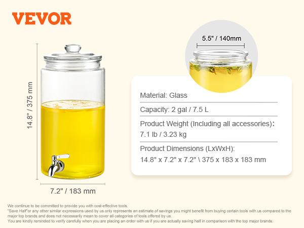 VEVOR dzērienu dozators: stikls, 2 gal/7,5 l tilpums, 7,1 kg svars, 14,8 "x7,2" izmēri, ar uzgali.