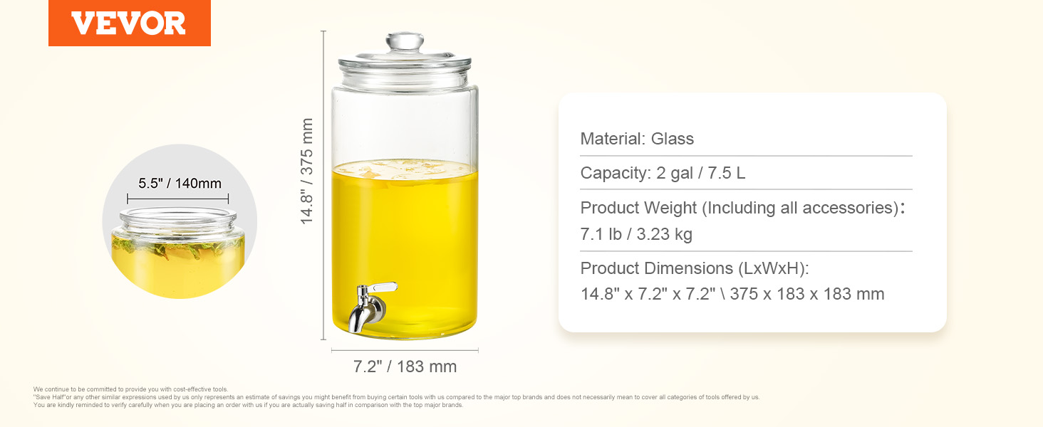 VEVOR dzērienu dozators: stikls, 2 gal/7,5 l tilpums, 7,1 kg svars, 14,8 "x7,2" izmēri, ar uzgali.