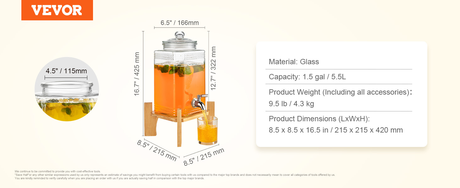 VEVOR beverage dispenser, glass, 1.5 gal, wood stand, 8.5 x 8.5 x 16.5 in dimensions, 9.5 lb weight.