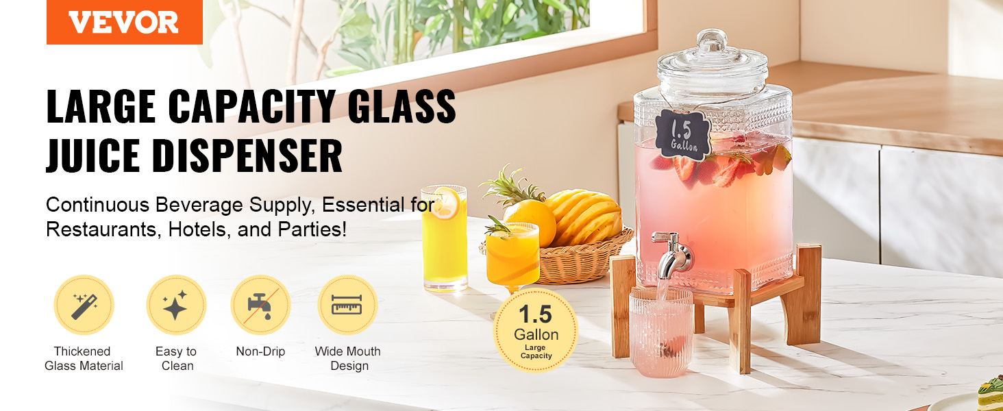 VEVOR beverage dispenser, large capacity glass, 1.5 gallon, ideal for restaurants, hotels, and parties.
