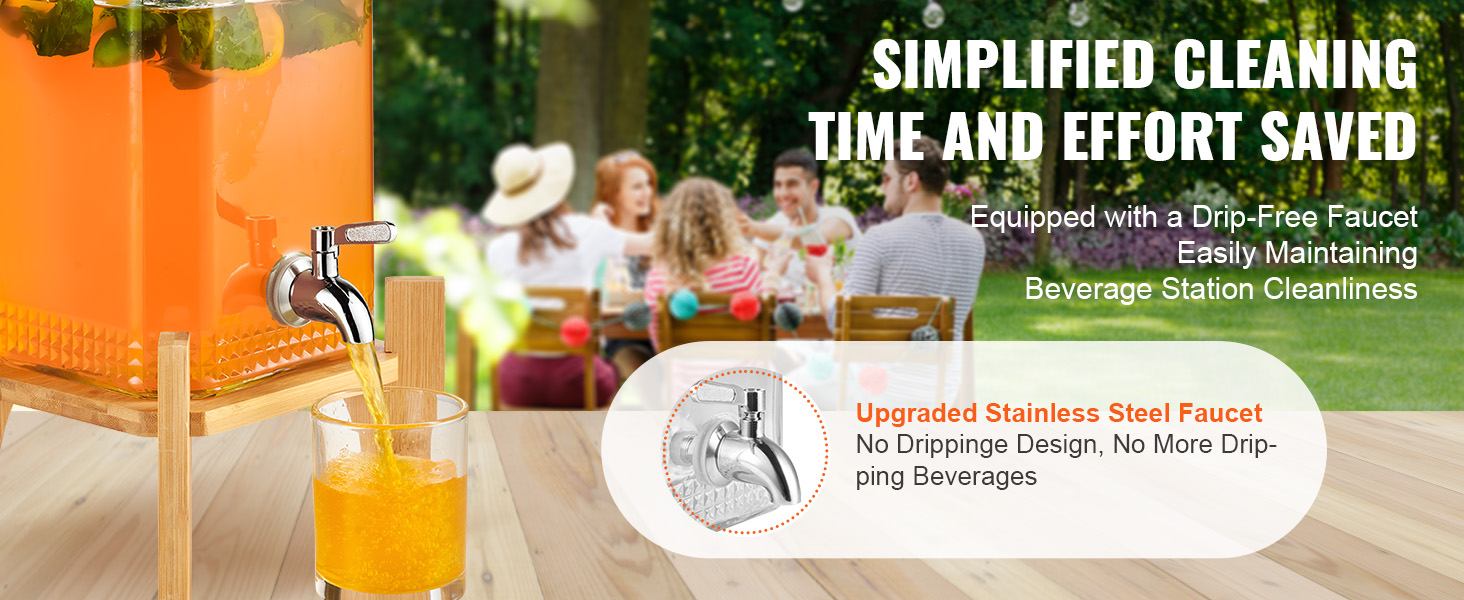 VEVOR beverage dispenser with drip-free faucet pouring orange drink, upgraded stainless steel faucet.
