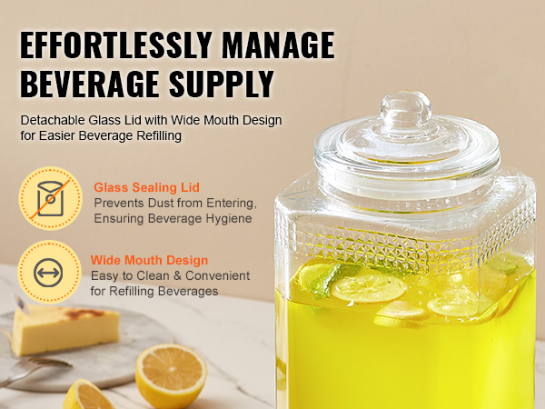 VEVOR beverage dispenser with wide mouth, glass sealing lid for effortless refilling and hygiene.