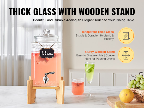 VEVOR beverage dispenser with thick glass, wooden stand, and 1.5-gallon capacity adds elegance to dining.