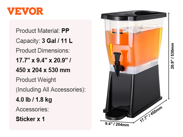 VEVOR beverage dispenser with 3 gal capacity, pp material, and dimensions 17.7"x9.4"x20.9".